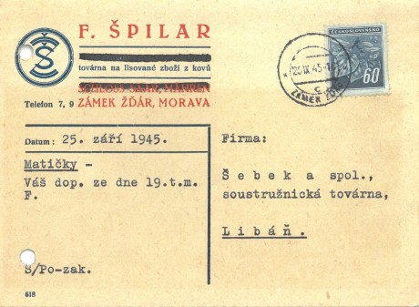 26-054 (prošlá poštou 25. 9. 1945)